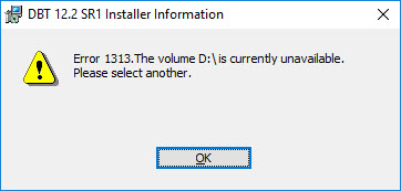 Image shows a dialog with the text: "Error 1303: The installer has insufficient privileges to acess this directory: D:\Program Files. The installation cannot continue. Log on as an administrator or contact your system administrator." A button labelled OK appears at the bottom of the dialog.