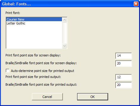 Image shows the Global: Fonts dialog with default Windows appearance settings