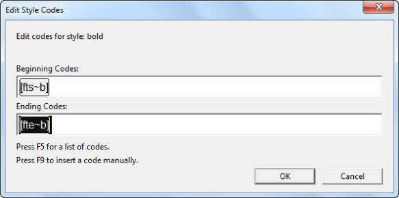Image shows Edit Style Code dialog with Beginning Code of [fts~b] and Ending Code of [fte~b]