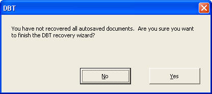 Image shows warning dialog advising that you have not recovered all documents, and asking if you wish to exit the recovery wizard.