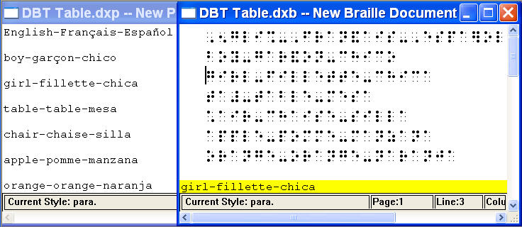 Image shows DBT print and translated braille file in in-line format.