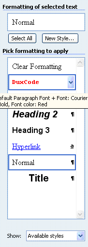 Image shows Words Style listing which allows editing of Styles.