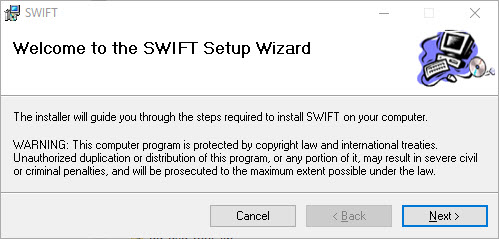 Image showing the SWIFT Installatioin Welcome dialog.