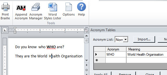 Image of Word with Acronym Table dialog showing.