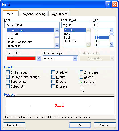 Image shows the Word Font dialog.