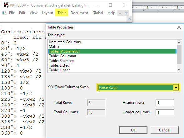 Image shows DBT's Table: Properties selection list