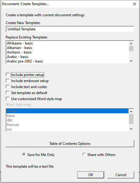 Image shows Document: Create Template dialog.