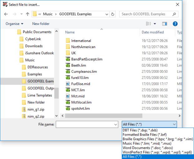 Image shows the "Select file to import" dialog, and in this example Musiuc files have been selected from the "Files of type:" drop down selecdtion list.