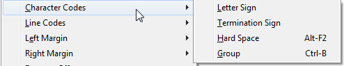 Image shows the Character Codes and sub-menu of available choices.