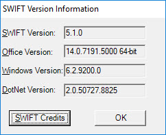 SWIFT Version information dialog