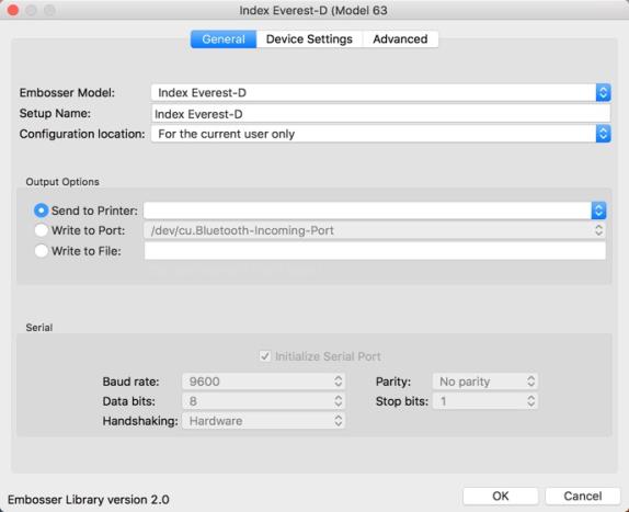 Image shows Glbal: Embosser Setup: General dialog.