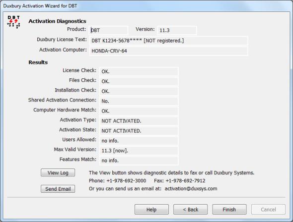 Image shows basic diagnostic details which will be sent to technical support at Duxbury