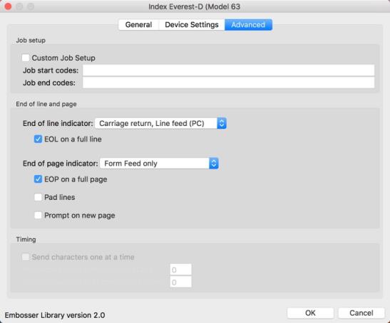 Image shows Global Embosser Setup, Advanced Dialog.