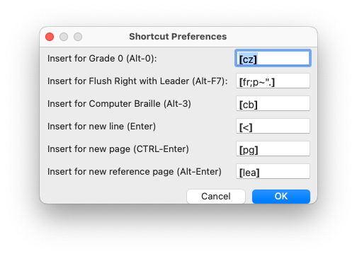 Images shows the Global: Shortcut Preferences dialog populated as follows.