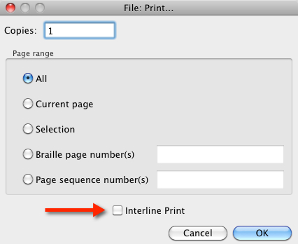 Image shows the Print dialog for Braille documents where there is an available Interline Print check box.