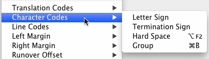 Image shows the Character Codes and sub-menu of available choices.