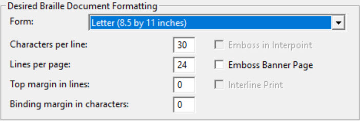 Image shows Desired Braille Document Formatting of the Embosser Setup dialogs.