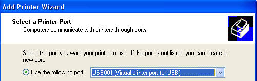 Image of Windows Add Printer Wizard showing Port selection field.