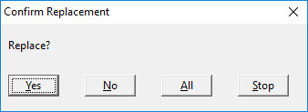 Image shows the "Confirm replace" dialog which has four buttons. Yes, No, All and Stop.