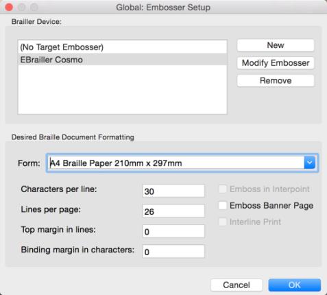 Image shows main Global: Embosser Setup dialog.