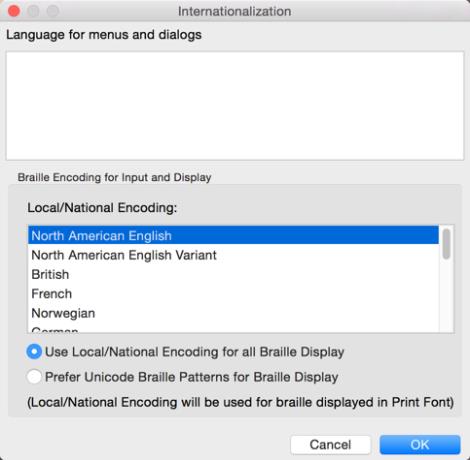 Image shows Internationalization dialog with Language for menus and dialogs and braille code for display.