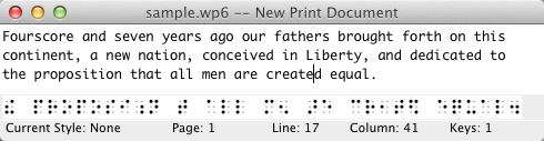 Image shows the DBT Text editor window with a yellow bar at the bottom of the window displaying the braille equivalent of the line where the cursor is located.