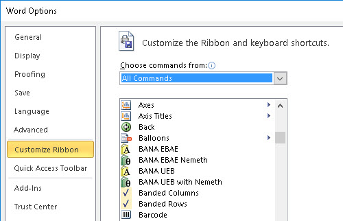 Image of Word Options Dialog with Customize Ribbon and Keyboard Shortcuts section showing.