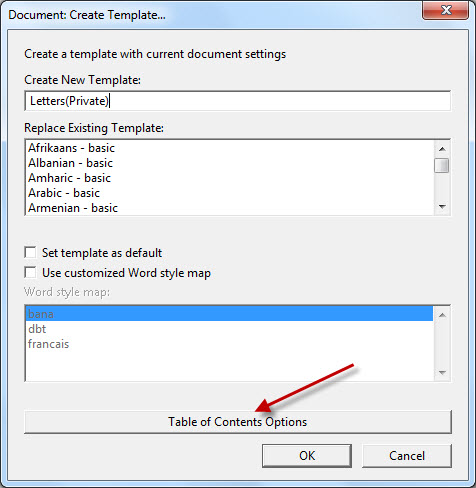 Image shows Document: Create Template dialog with "|Table of ontents Options" button arrowed.