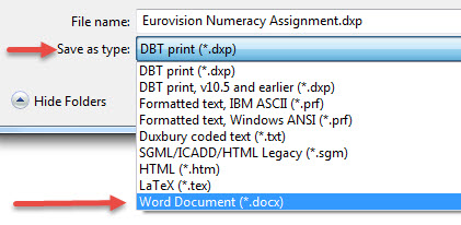 Save As dialog seftion showing Save as Type and Word Document (*.docx) highlighted and arrowed.