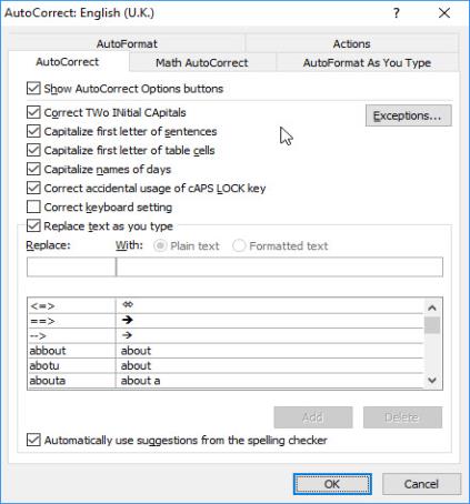 Image - AutoCorrect - AutoText Control Tab dialog which shows the check box, "Show Autocomplete tip for AutoText and Dates" checked.