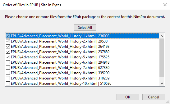Screen shot of NimPro's dialog for choosing EPUB file pieces to import, showing five of ten visible pieces selected