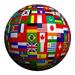 a globe made up of national flags